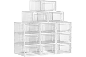SONGMICS Boîtes à Chaussures, Lot de 12, Rangement Chaussures, Pliable, pour Pointure jusqu’à 44, Transparent et Blanc LSP12SWT