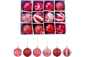Kulki choinkowe ozdoby na choinkę, Jupsk, 12 sztuk, 2,4 cala/6 cm, czerwone bombki bożonarodzeniowe, nietłukące, ozdoby z haczykami, do dekoracji na Boże Narodzenie, wesele, wakacje