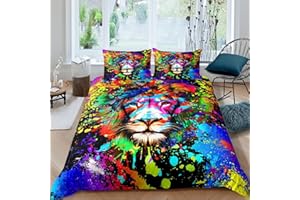 FEELINGYOU Aquarell Lion Print Bettbezug-Set 135x200cm, Bunte Tie Dye Hippie Bettwäsche Set Abstrakt Tierthema Tröster für Jungen Mädchen Zimmer Dekorativ, Moderne Mode Bettbezug Kollektion