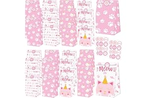 XJLANTTE 40 sacchetti regalo per gatti, sacchetti per dolcetti MEOW con stampa di zampe, sacchetti di carta a tema gatto con adesivi per ragazze, bambini, gattini, animali domestici, bomboniere, decorazioni