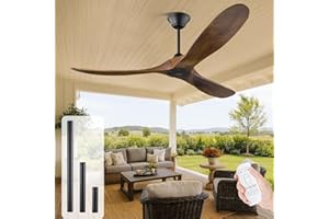 OUENGK Ventilatore da soffitto in legno per esterno da 152 cm senza luce con telecomando, 3 pale in grana di quercia, ventilatore da soffitto rustico per balcone gazebo a sei velocità