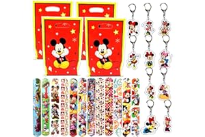 CLVSYH Regalo de Cumpleaños Infantil de Mickey, 12Pcs Pulsera Bofetada + 10Pcs Bolsas de Regalo para Niños + 10Pcs llaveros Mickey Mouse, Regalos para Fiestas de Cumpleaños Infantiles de Niños y Niñas