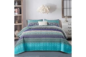 WONGS BEDDING Purple Bohemian Bedspread with 2 Pillowcases Boho Striped Reversible Quilt Coverlet for All Season Soft Microfiber Bedspread King Size 240x260cm