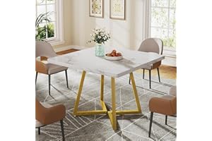 Tribesigns Dining Table for 4, industrial style, sturdy metal frame, 80 x 80 x 75 cm kitchen table for dining room, living room, apartment (White & Gold)