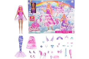 Barbie Świat Fantazji Kalendarz adwentowy Zestaw: lalka Barbie o różowych włosach i 24 niespodzianki, takie jak jednorożec i figurki innych zwierzątek, JFL66