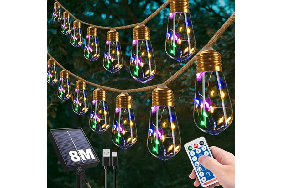 RISEMART 8m 16 Lights Solar String Lights Outdoor with 8 Modes, Remote Control Garden Lighting for Garden, Party, Balcony, Yard, Wedding - Warm White (8M RGB)