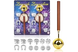 iZoeL Zinngießen Silvestergießen mit 12 Zinnfiguren 2 Löffel Anleitung Orakelheft, Zinn Giessen Silvester, 2 Zinn Set zu gießen für Silvester Partyspiele Wahrsagerei-Partyspiel