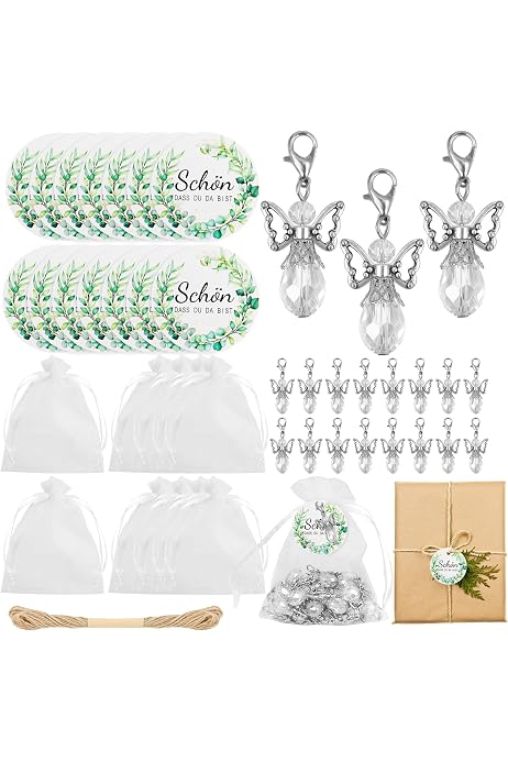 Coffret 36 Pièces Cœur Ange Gardien - Porte-clés + Sacs Organza + Étiquettes Kraft - Pour Mariage, Baptême, Anniversaire, Noël - Cadeaux Invités
