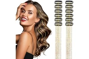 Dalababa 12 Pcs Hair Tinsel Kit, Fairy Clip in Hair Extensions, Glitter Sparkle Party Dazzle Highlights Accessories for Women Girls Party Festival - Gold