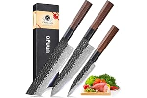 oFuun Juego de 3 cuchillos de cocina de Damasco, cuchillo de cocina afilado, Cuchillo de Nakiri, cuchillo profesional G-10 de acero con alto contenido de carbono con mango octogonal ergonómico