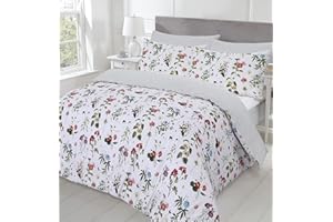 NightComfort Percale Polycotton Double Duvet Cover Set with Pillowcases - Eye Catchy Plant with Leaves and Multicolour Flowers Design Printed Hotel Quality Reversible Bed Cover Set, Cream