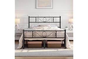 Yaheetech Metal Double Platform Bed 4ft6 Bed Frame Solid Bedstead Base with Scroll Design Headboard/Footboard Black