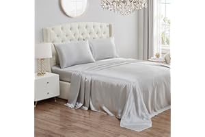 Juicy Couture King-Size Seidensatin-Bettlaken-Set, tiefe Taschen, seidiges Satin-Bettlaken-Set mit 1 Spannbetttuch, 1 Bettlaken und 2 Kissenbezügen, knitterarm und fusselfrei – Grau