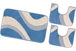 emmevi Tappeto Bagno Parure Set 3 Pezzi Morbido Shaggy Antiscivolo Lavabile mod.EVIA SET 3 PEZZI AZZURRO