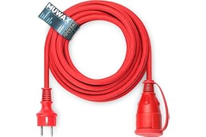 MUWAX Gummi-Verlängerungskabel 15m für Heimwerker, Garten, Haushalt, für temporäre Einsätze im Außenbereich und mittlere mechanische Beanspruchung H05RR-F 3G1,5mm² rot