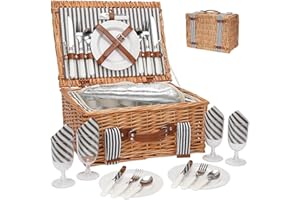 WICKERLAND Picknickkorb für 4 Personen, handgefertigtes Weiden-Picknickkorb-Set mit isoliertem Kühler und Besteck-Set, Geschenkkorb für Paare, Valentinstag, Erntedankfest, Geburtstag, Hochzeit, Party im Freien