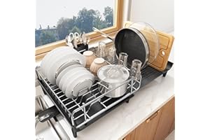 SAYZH Dish Drying Rack, Expandable Dish Drainer Rack with Drip Tray & Non-Scratch Plate Rack, Adjustable Sink Draining Board Rack With Swivel Drainage Spout for Kitchen Countertop Organizer (Black)