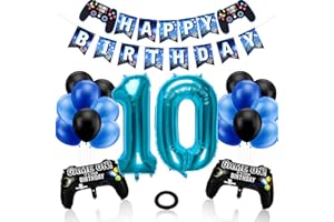 Phoetya Dekorationen zum 10. Geburtstag für Jungen, Gaming-Motto-Geburtstagsparty-Dekorationsset für Gamer, Happy Birthday-Banner, Game-Controller-Luftballons, schwarz-blaue Luftballons für Kinderpart