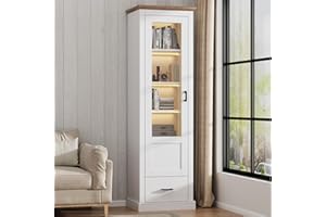 ‎MERAX Merax Vitrine mit LED-Lichtern, Glasvitrine mit Schubladen und 5 Fächern, Modern Vitrinenschrank Bücherschrank Sammlervitrine, Hochschränk für Küchen Wohnzimmer Schlafzimmer Büro Eingang, Weiß, 178cm