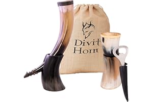 Divit Horn de Viking pour Boire - Ensemble de 3 Pièces avec Ouvre-Bouteille | Authentique Corne Médiévale pour Bière | Sac Cadeau en Lin Inclus (16 oz, Loup, Poli)