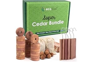 ecoKiwi Cedar Blocks for Clothes Storage Super Bundle Box - Cedar Hangers x10, Balls x30 & Rings x28-100% Natural Oil Planks & Chips for Closets & Drawers - Aromatic Red Cedar Wood with Sandpaper