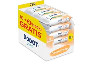 Dodot Toallitas Pure Cuida & Protege Para Bebé, 792 Toallitas (18 Packs De 44 Unidades), Ayuda a restaurar el pH natural de la piel, 99 Agua, Sin plástico