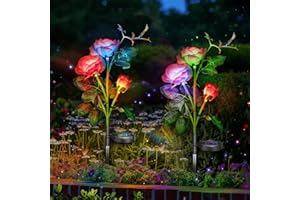 ANORDSEM 2 X Solar Lights Outdoor Colour Changing Solar Flower Rose Lights Waterproof Solar Stake Lights for Garden Patio Backyard Pathway Driveway Decoration (Red)