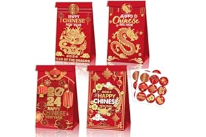 HOWAF 12 szt. chińskich torebek na prezent na Nowy Rok, 2021, czerwony papierowy torebka imprezowa na chińskie Nowy Rok, akcesoria na słodycze, wiosenne święta, torebka imprezowa z zawieszką na prezent, naklejka 18 szt