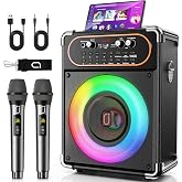 HWWR Karaoke Machine with 2 Microphones, Portable Wireless Speaker for Parties, Music Box with LED Lights, Bluetooth Karaoke