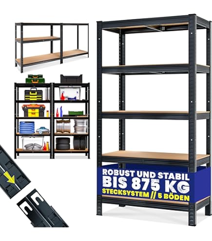 KARAT Rek voor zware lasten, set van 2, 60 x 120 x 200 cm steekrek, kelderrek, opbergrek - 5 verstelbare planken (zwart