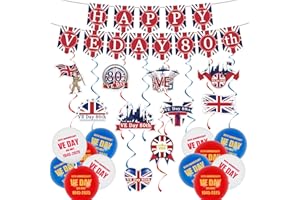 AFYHH VE Day 80th Anniversary Decorations 2025 VE Day Decorations V Day 80th Banner Flag Bunting VE Day Hanging Swrils Decorations UK VE Day Balloons for Soldier
