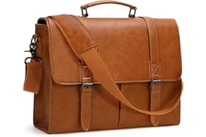 RAINSMORE Messenger Bag for Men Laptop Bag 15.6 inch PU Leather Briefcase Satchel Bag Shoulder Bag Waterproof for Work Office Business College Brown
