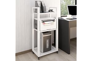 PUNCIA Druckertisch höhenverstellbar 3-stöckiger Druckerständer mit Rollen Mobiler Druckwagen aus Holz & Metall für Aktenvernichter Organizer Lagerregal weiß für Arbeitszimmer Büro Office Küche