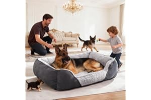 JOEJOY Extra Large Dog Sofa Bed, Waterproof Lamb Fleece PP Cotton XL Dog Bed With Nonskid Bottom, Washable Grey Dog Bed For Large Labrador, German Shepherd, 89x64x23cm