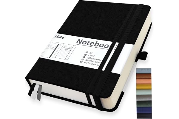 Mlife A5 Carnet De Notes De Journal Épaissi,360 Pages Et 100g/M² De Papier Résistant À L'Encre,Carnets De Notes Avec Pochette Pliante Pour Le Bureau École Maison Écriture&Notes(Noir)