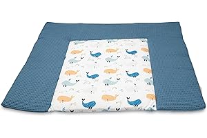 ULLENBOOM Wickelauflage 85x75 cm Waffelpiqué Blau Wale (Made in EU) - Wickelunterlage Waschbar und für Unterwegs geeignet, Bezug: 100% OEKO TEX Baumwolle, Wickeltischauflage 75x85
