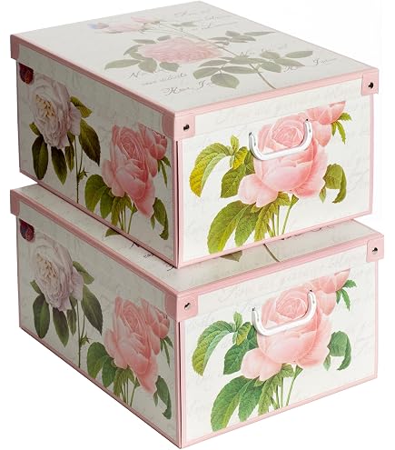 Lot De 4 Boîtes De Rangement En Carton 35x25x17,5 Cm - Motif Pivoines, Poignées, Made In Italy - Pour Armoire, Dressing, Salon