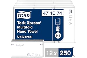 Tork Xpress Multifold Paper Hand Towels 471074 - H2 Universal Interfolded Hand Towels for Dispenser - Economic, 1-Ply, White - 12 x 250 Sheets