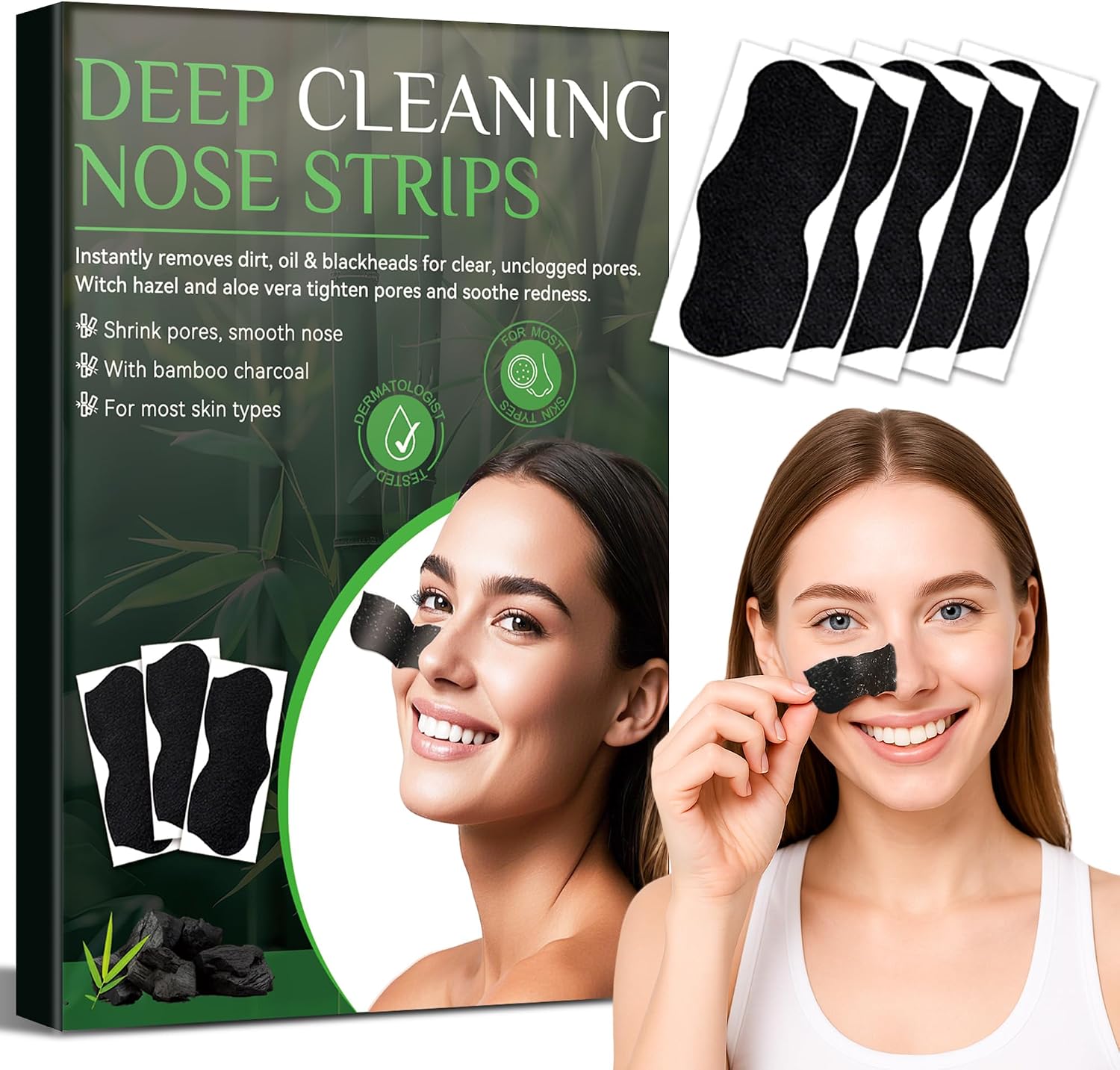 HuakChai 80 Tiras Puntos Negros Nariz, Tiras de Carbón Activo para Limpieza Profunda de Poros, Elimina Espinillas y Exceso de Grasa, Cuidado Facial para Hombre y Mujer