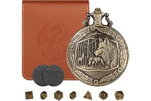 LKKCHER DESIGN Mini Jeu de Dés DND, avec Coquille de Montre de Poche Steampunk Loup, 7 Pièces Métal Polyédrique D&D Dés, Cadeaux DND avec Sac en Cuir, Accessoires de Jeux de Société et Jeu de Rôle, Bronze