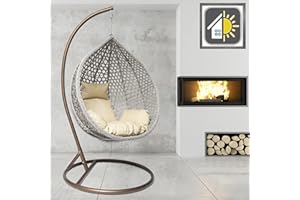 GOODS EMPORIUM Luxury Rattan Hanging Egg Chair Outdoor & Indoor Garden Swing Chair Hammock with Cushions - FREE COVER INCLUDED (Medium, Brown - Grey - Beige)