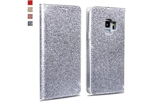OKZone Cover Galaxy S9, Custodia Lucciante con Brillantini Glitters Design Flip Caso Custodia in Pelle PU Portafoglio con Interno TPU Protettiva Cover per Samsung Galaxy S9 (Grigio Argento)