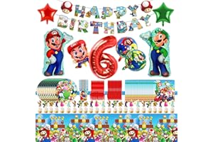 DEREINE Super Mario Geburtstagsdeko Partygeschirr Set,94pcs Pappteller Kindergeburtstag,Deko 6. Geburtstag für Jungen Mädchen,Luftballon Geburtstag Party set mit Teller,Serviette,Tischdecke,Banner,Tortendeko