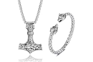 JeweBella Martello di Thor Collana Viking Uomo Testa di Lupo Bracciale Set Vichingo Mjolnir Ciondolo Collana Catena Acciaio Inox Braccialetto del Polsino Goth Gioielli Nordico Viking Regalo