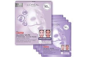 L'Oreal Paris Revitalift Filler Hydrogel Glow Mask 4 Pack, for Glass Skin, Korean-Skincare Inspired, Tissue Face Mask, Visibly Transform Skin, Dewy, Plumped and Refreshed Look, 4pc