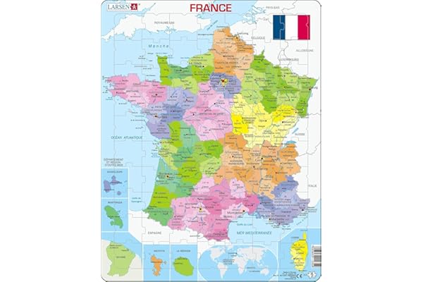 Larsen A5 Puzzle Carte Politique de la France pour Enfants – 70 Pièces avec Cadre et Plateau – Apprentissage Géographie, Idée Cadeau Noël