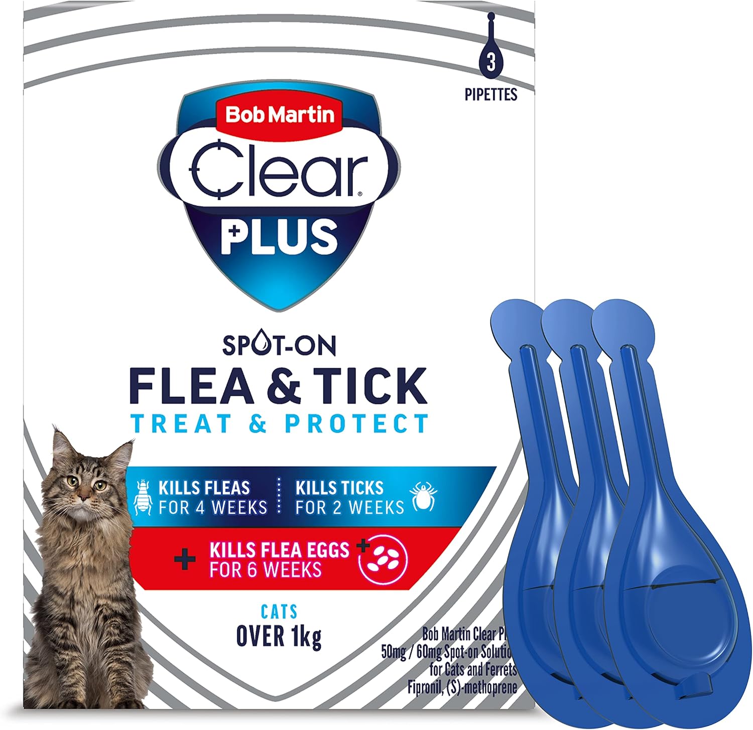 Bob Martin Clear Plus Spot On Flea Treatment for Cats and Kittens - Kills Fleas, Ticks, Lice and Flea Eggs (3 Pipettes)
