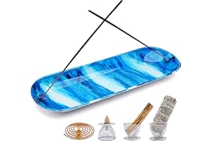 LIVBTS Portaincenso 5 in 1, porta incenso Palo Santo, porta salvia, in ferro, realizzato a mano, 30,5 cm, per meditazione, yoga, spa, pratico portacenere (blu bianco)