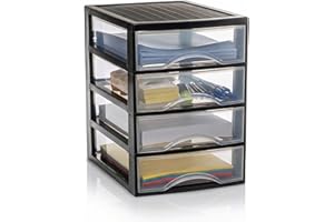 Hausfelder Schubladenbox A4 mit 4 Fächer, Transparente Kunststoff Schubladenbox für Schreibtisch, Büro Organizer Schubladen, Aufbewahrungsbox mit Schubladen für Papier, Din A4, Stapelbar, 36x26cm