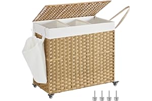 SONGMICS Panier à Linge avec Couvercle, 160L, Corbeille Linge Sale Tressé, avec roulettes, 3 Compartiments, Sac Intérieur Amovible, pour Buanderie, Chambre, 70 x 36 x 66 cm, Couleur Boisée LCB365N01